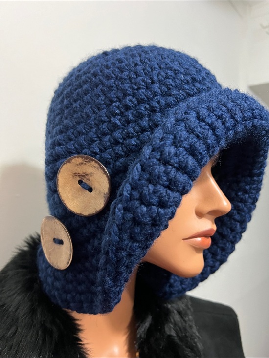 Hand-Crocheted Wide-Brim Hat in Navy Blue main image 12